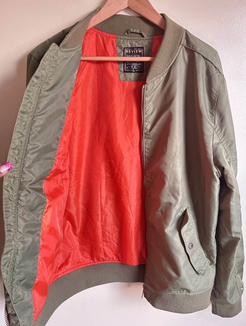 Men's Olive Bomber Jacket with Orange Lining